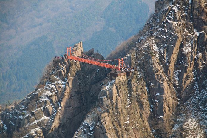 Gureumdari suspension bridge between granite cliffs at Wolchulsan National Park